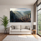 Picturesque landscape village in the valley with radical rocks and green