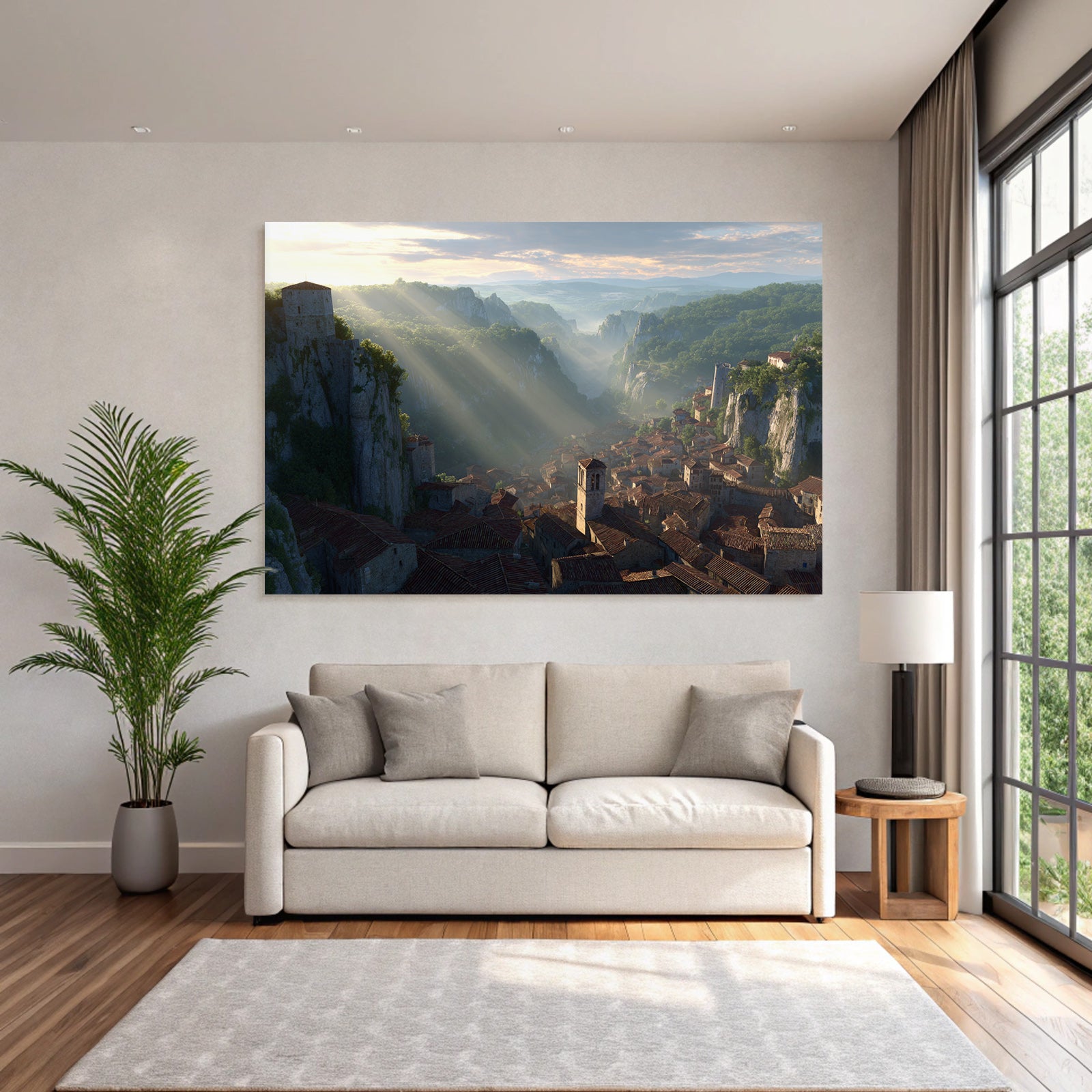 Picturesque landscape village in the valley with radical rocks and green