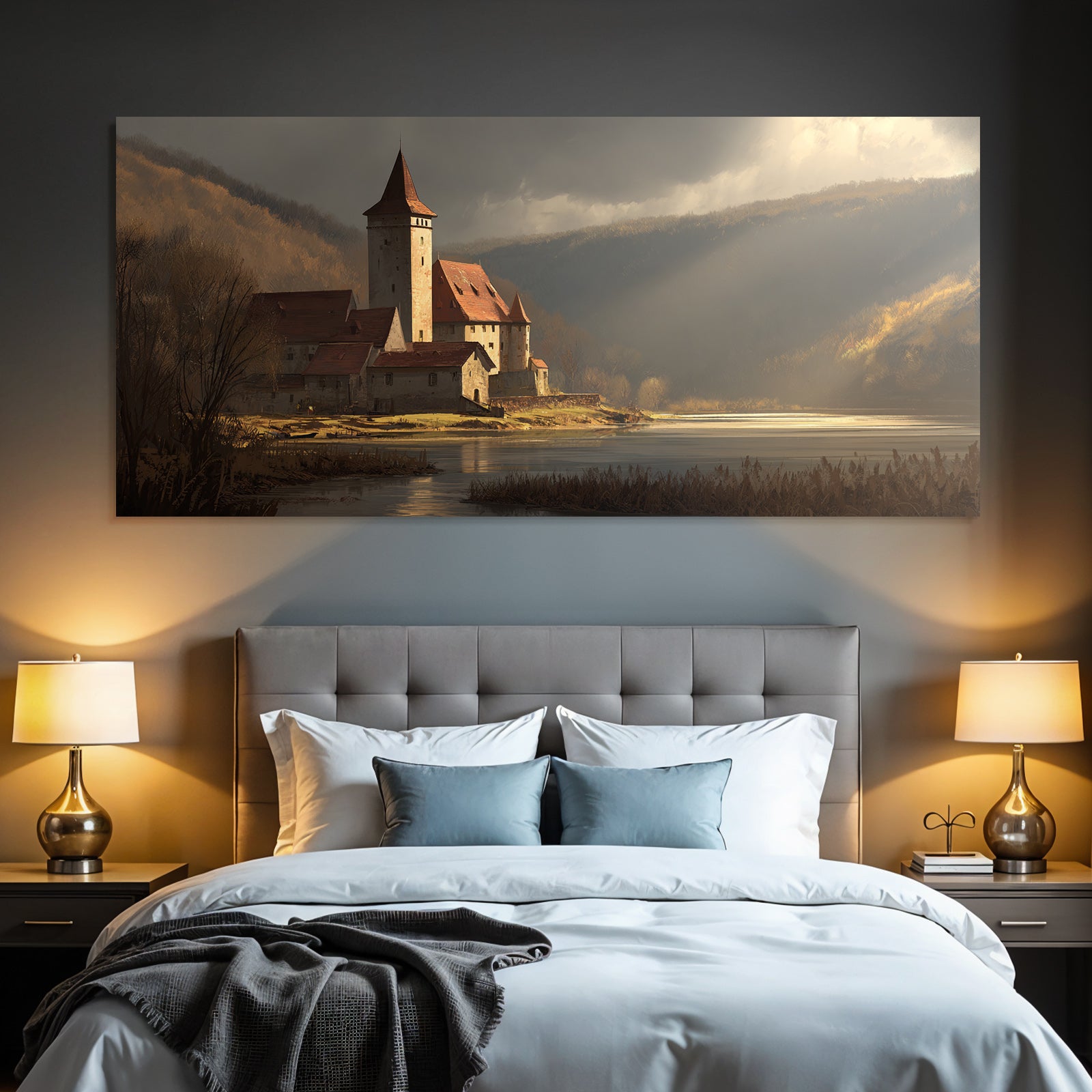 Tranquil landscape with castle and water in autumn light