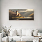 Tranquil landscape with castle and water in autumn light