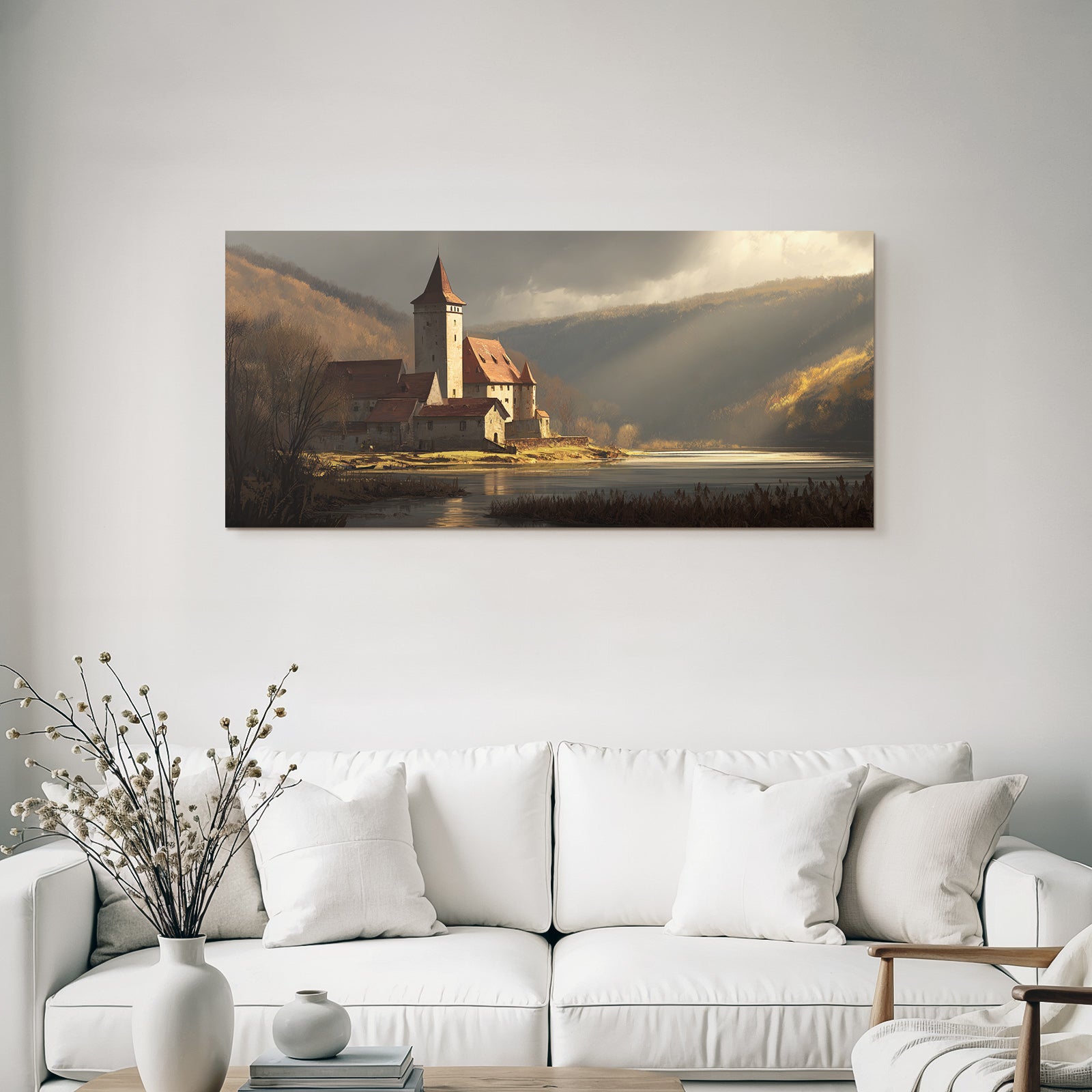 Tranquil landscape with castle and water in autumn light