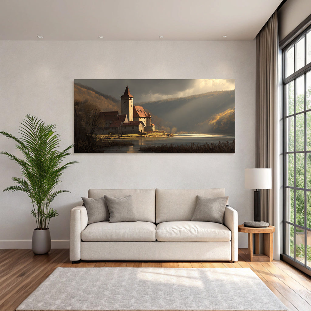 Tranquil landscape with castle and water in autumn light