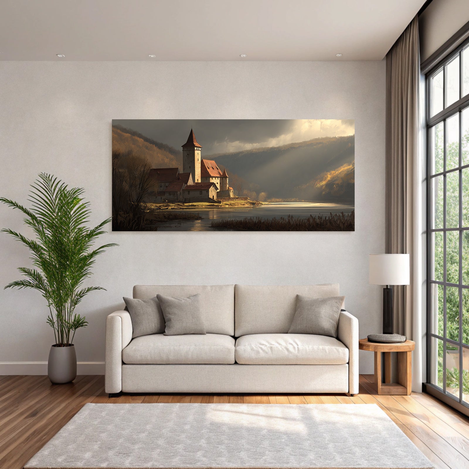 Tranquil landscape with castle and water in autumn light