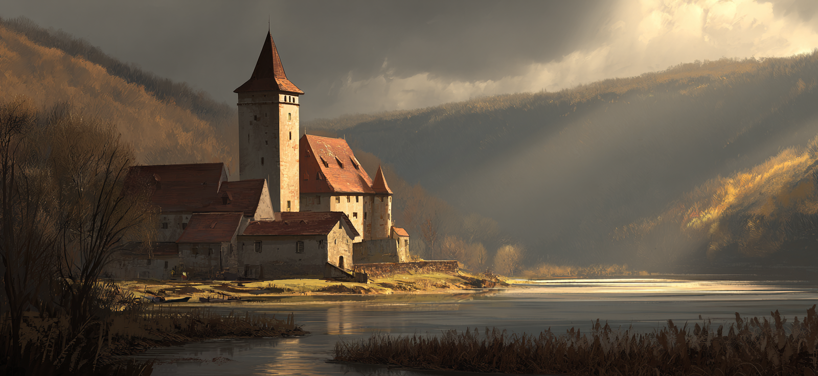 Ruhige Landschaft Mit Burg Und Wasser Im Herbstliches Licht | Scloesser und Burgen | Architektur