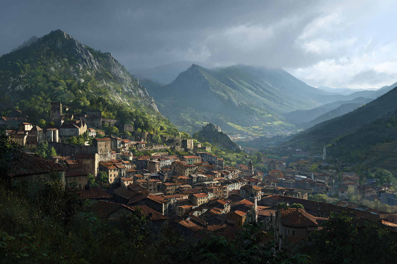 Scenic Landscape Valley Town Mountains Red Tiled Roofs Deutschland | Scloesser und Burgen | Architektur