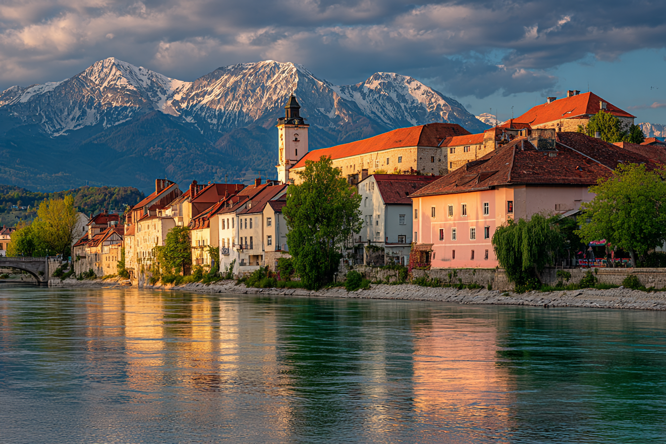 Scenic Riverside View With Red Tiled Roofs And Snow Capped Mountains | Scloesser und Burgen | Architektur
