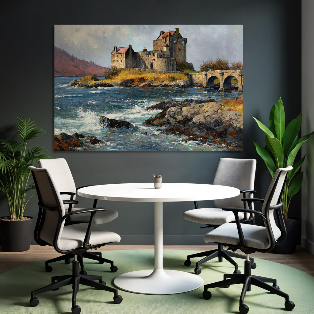 Castle on the water with bridge, hills and cloudscape