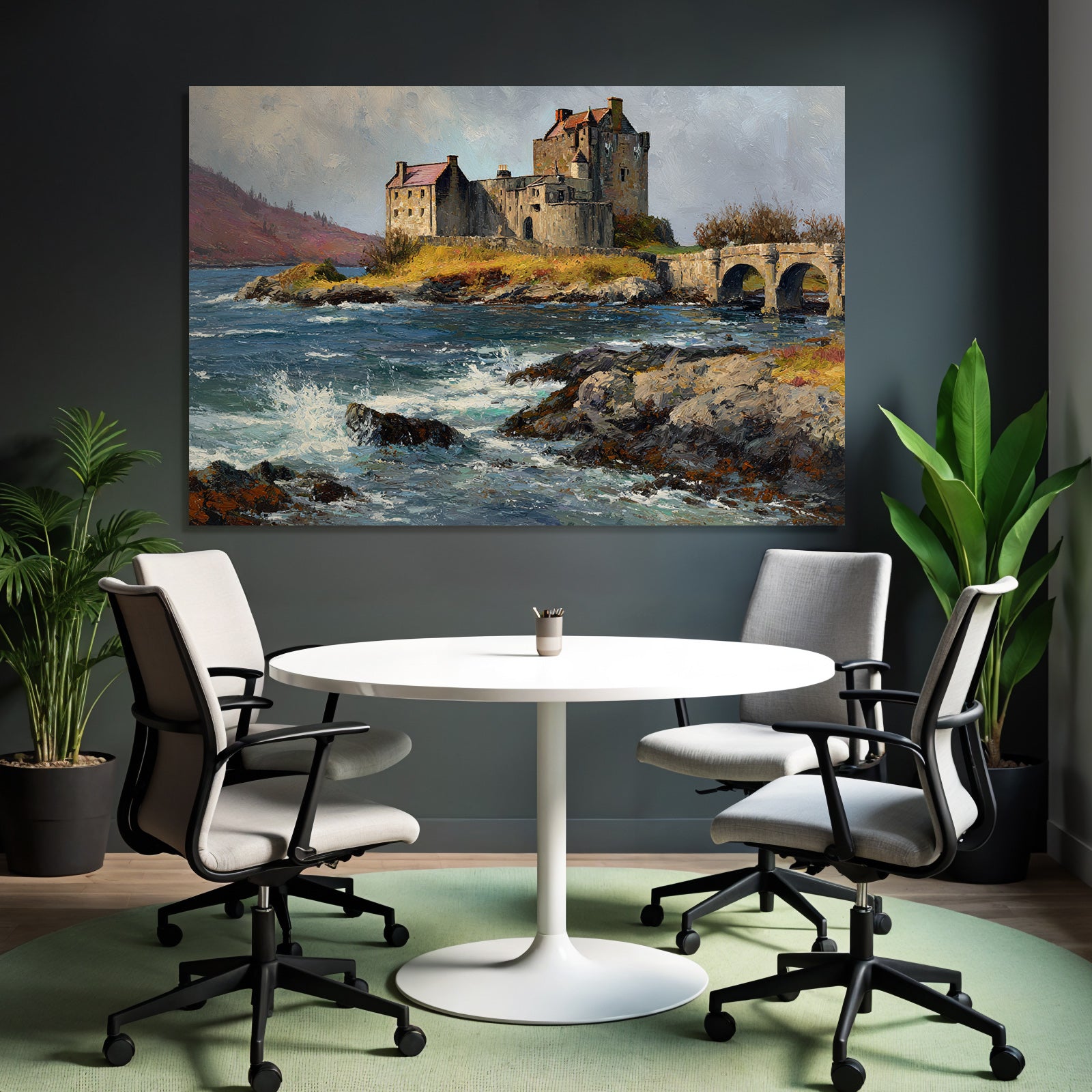 Castle on the water with bridge, hills and cloudscape