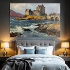 Castle on the water with bridge, hills and cloudscape