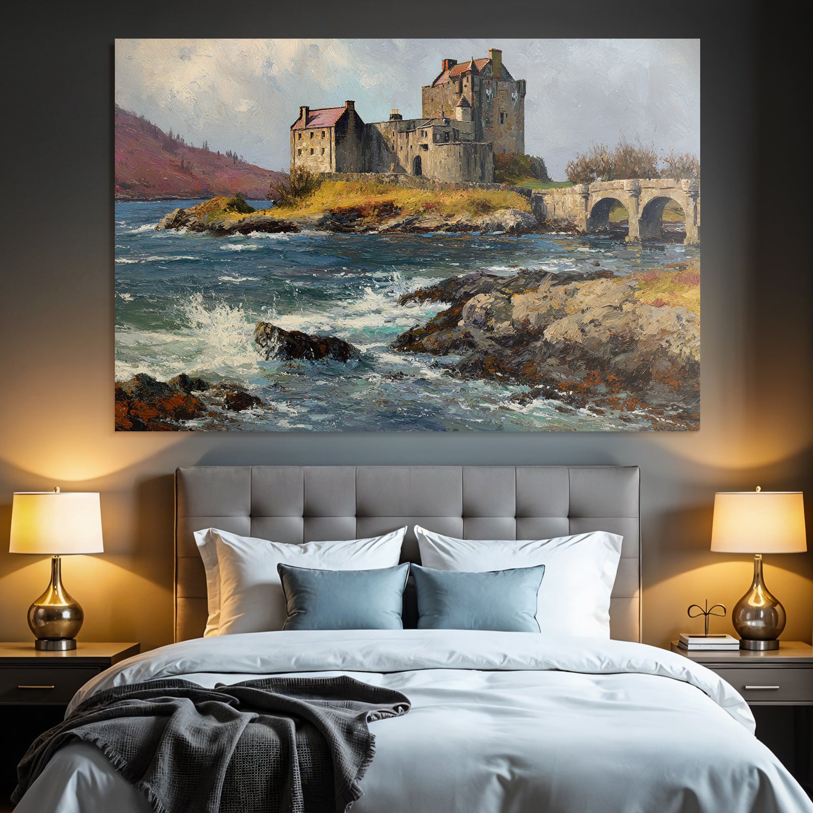 Castle on the water with bridge, hills and cloudscape