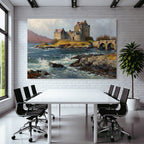 Castle on the water with bridge, hills and cloudscape