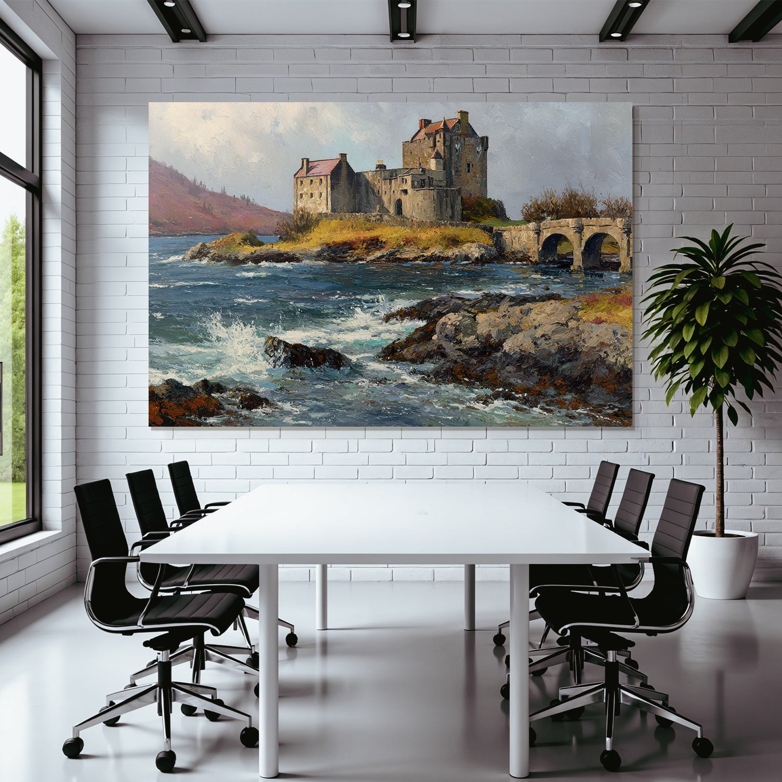 Castle on the water with bridge, hills and cloudscape