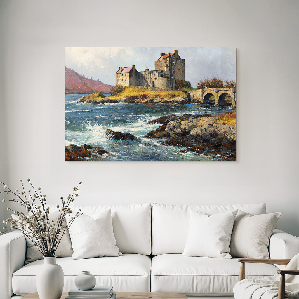 Castle on the water with bridge, hills and cloudscape