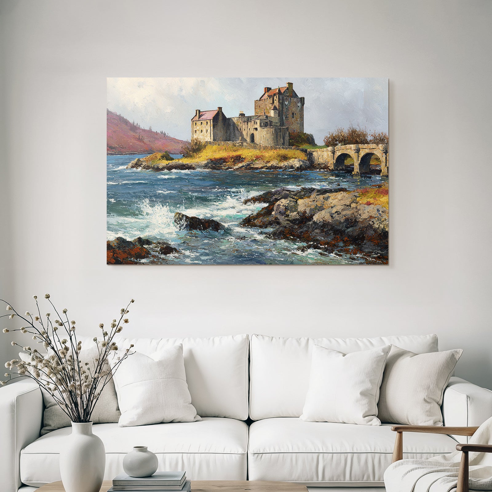 Castle on the water with bridge, hills and cloudscape