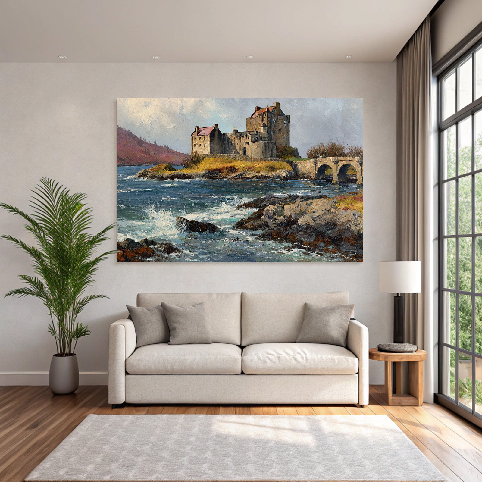 Castle on the water with bridge, hills and cloudscape