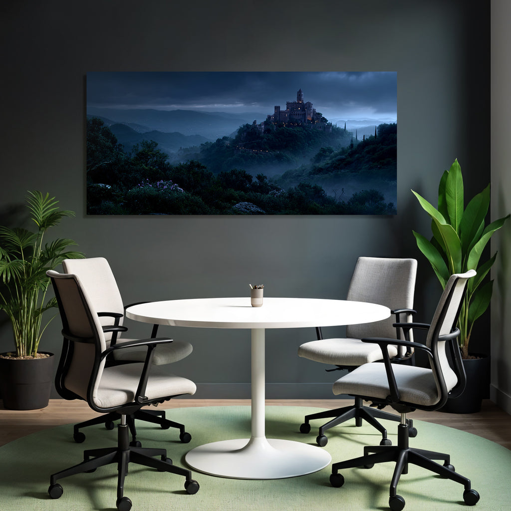 Castle On The Hill With Foggy Night Landscape Fantasy Atmosphere