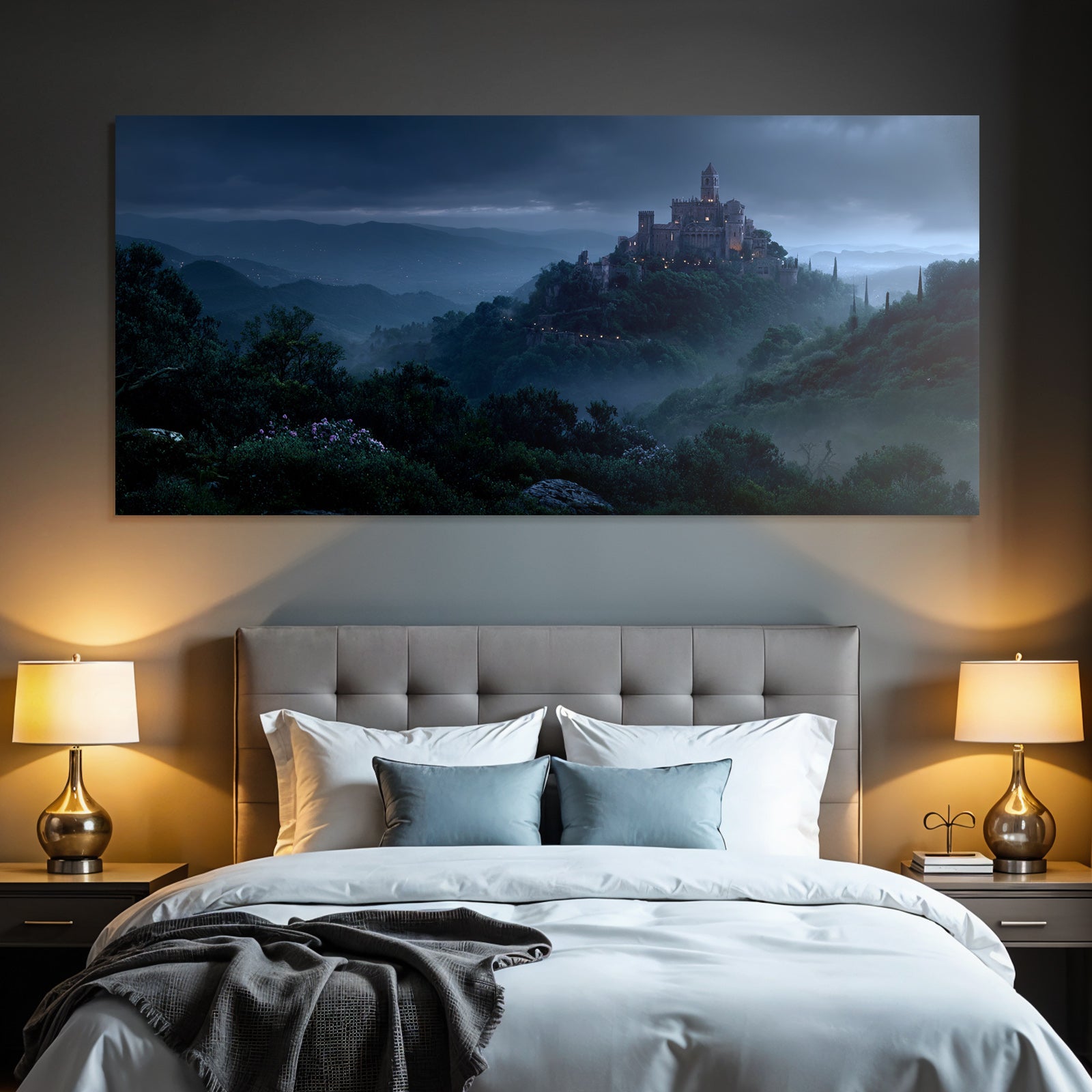 Castle On The Hill With Foggy Night Landscape Fantasy Atmosphere