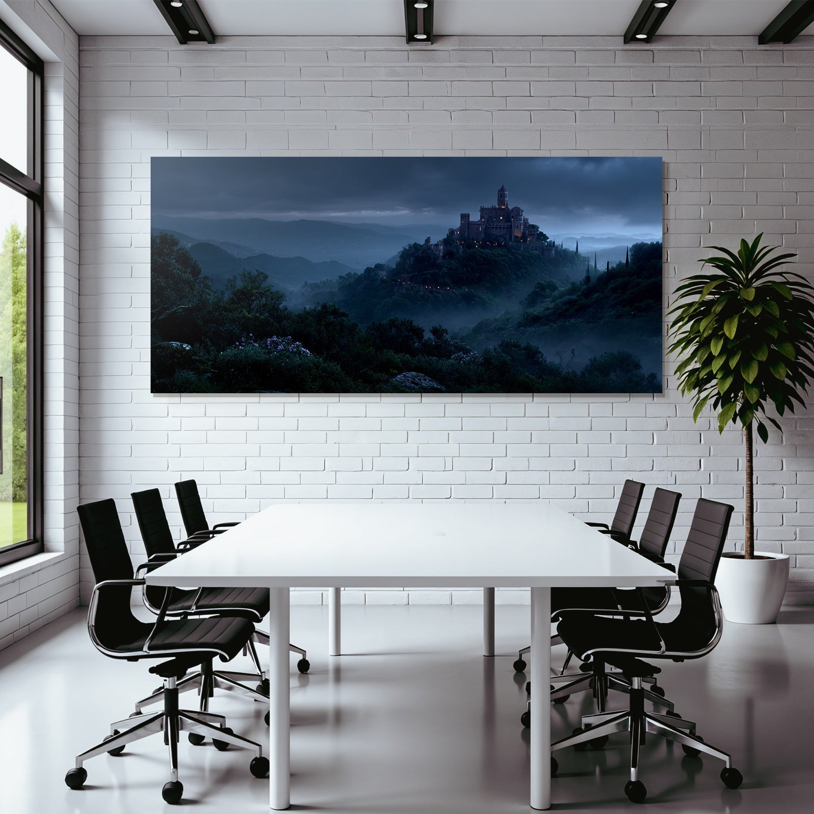 Castle On The Hill With Foggy Night Landscape Fantasy Atmosphere