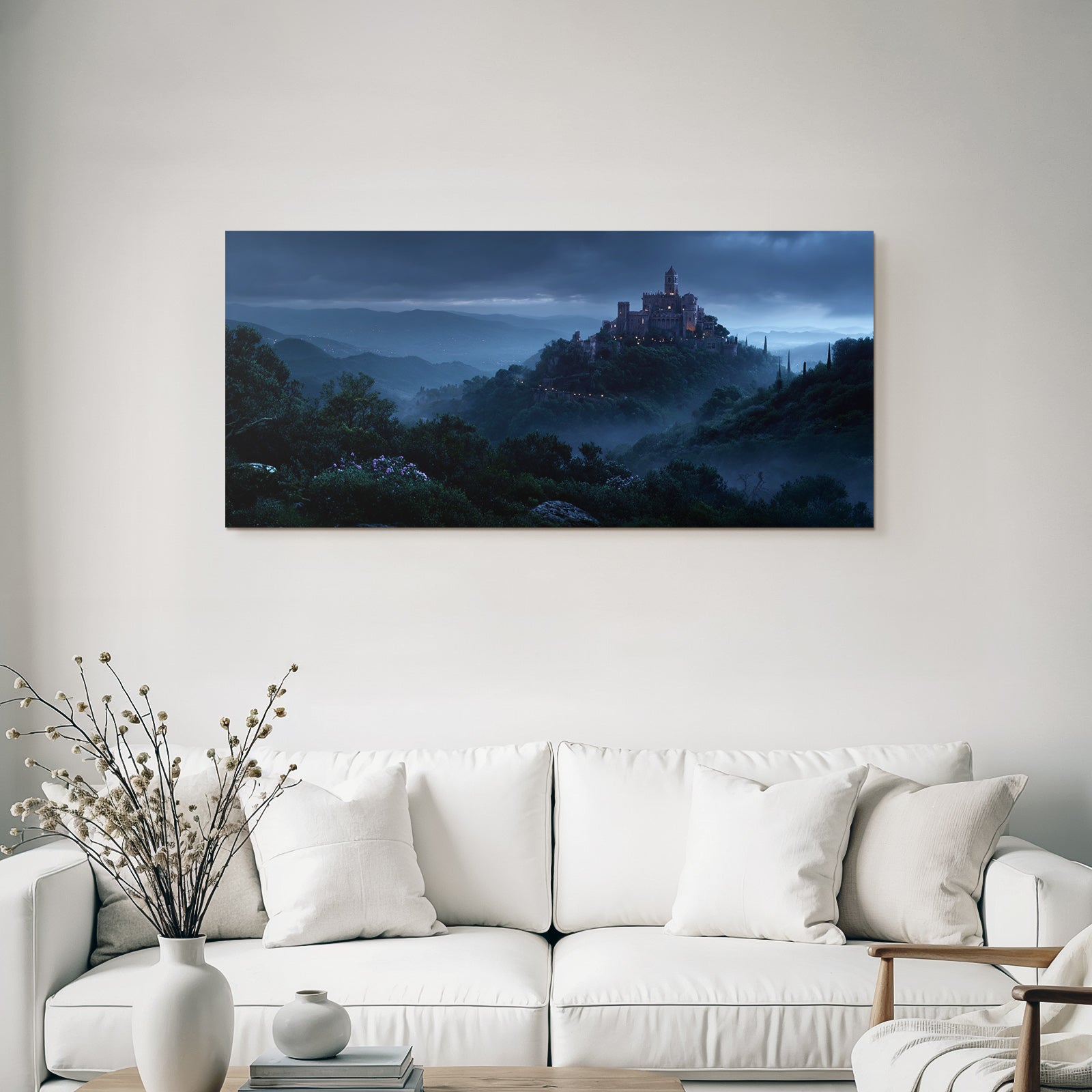 Castle On The Hill With Foggy Night Landscape Fantasy Atmosphere