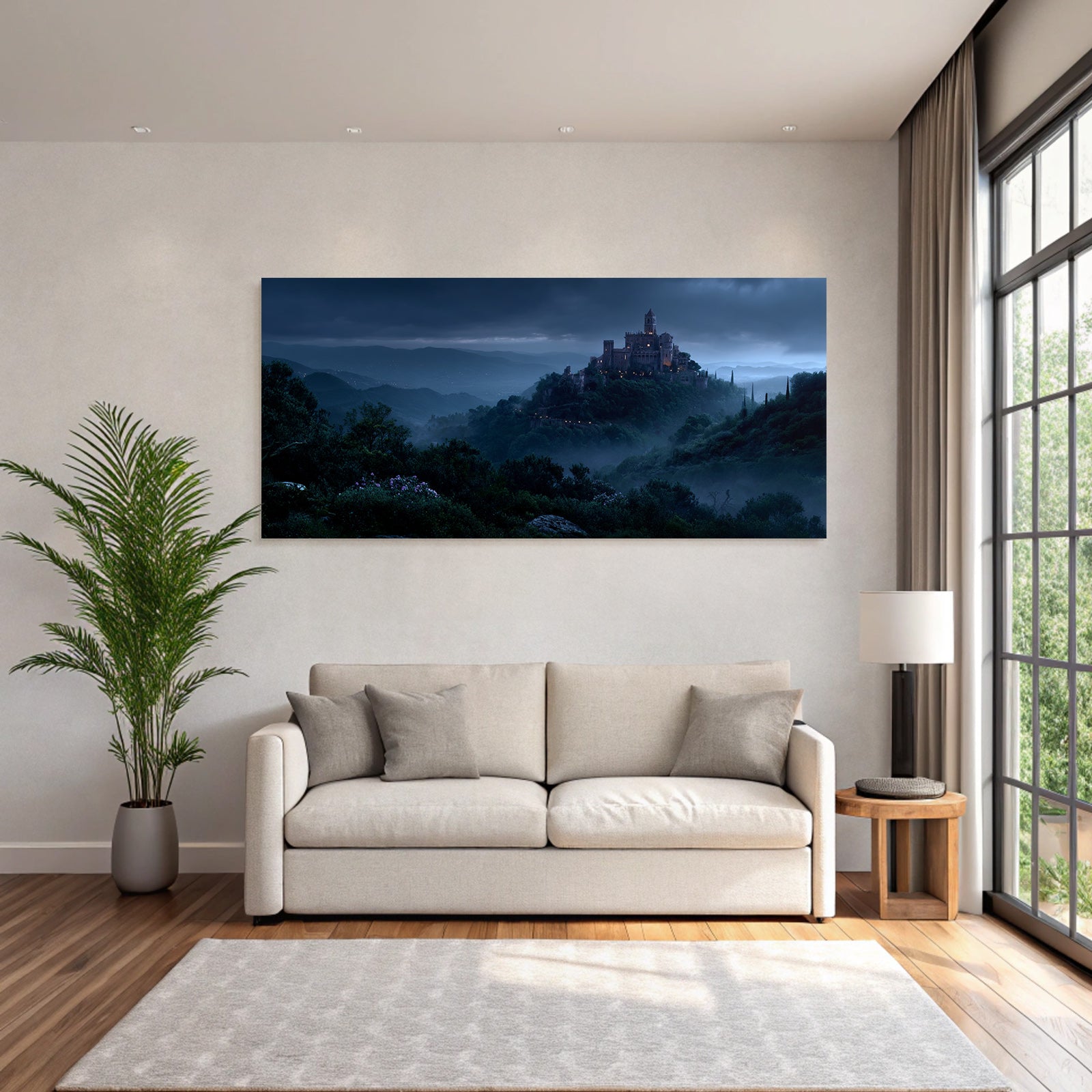 Castle On The Hill With Foggy Night Landscape Fantasy Atmosphere