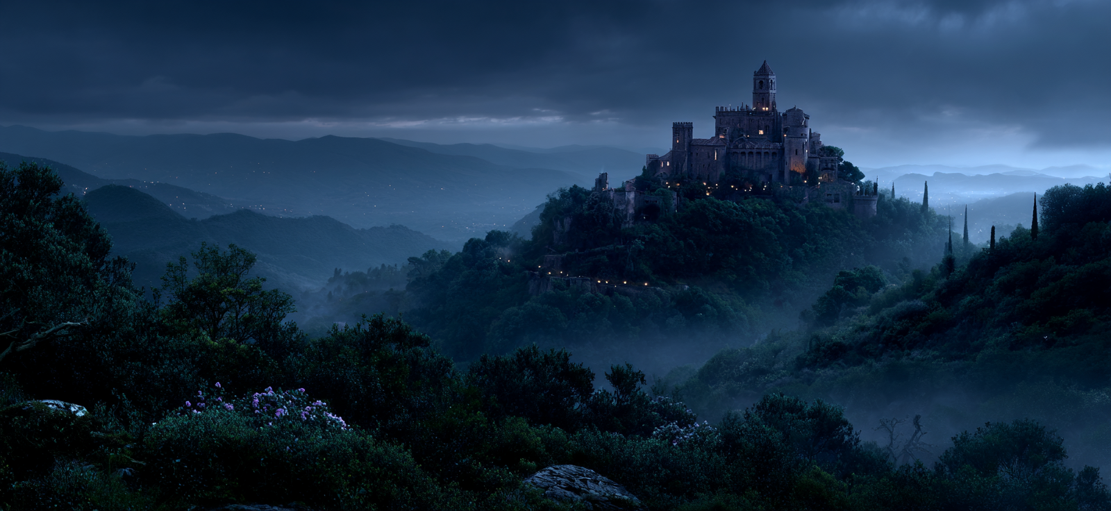 Schloss Auf Dem Hügel Mit Foggy Nachtlandschaft Fantasy Atmosphäre | Scloesser und Burgen | Architektur