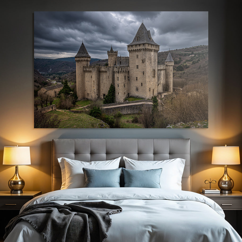 Castle in the mountains with trees under a cloudy sky