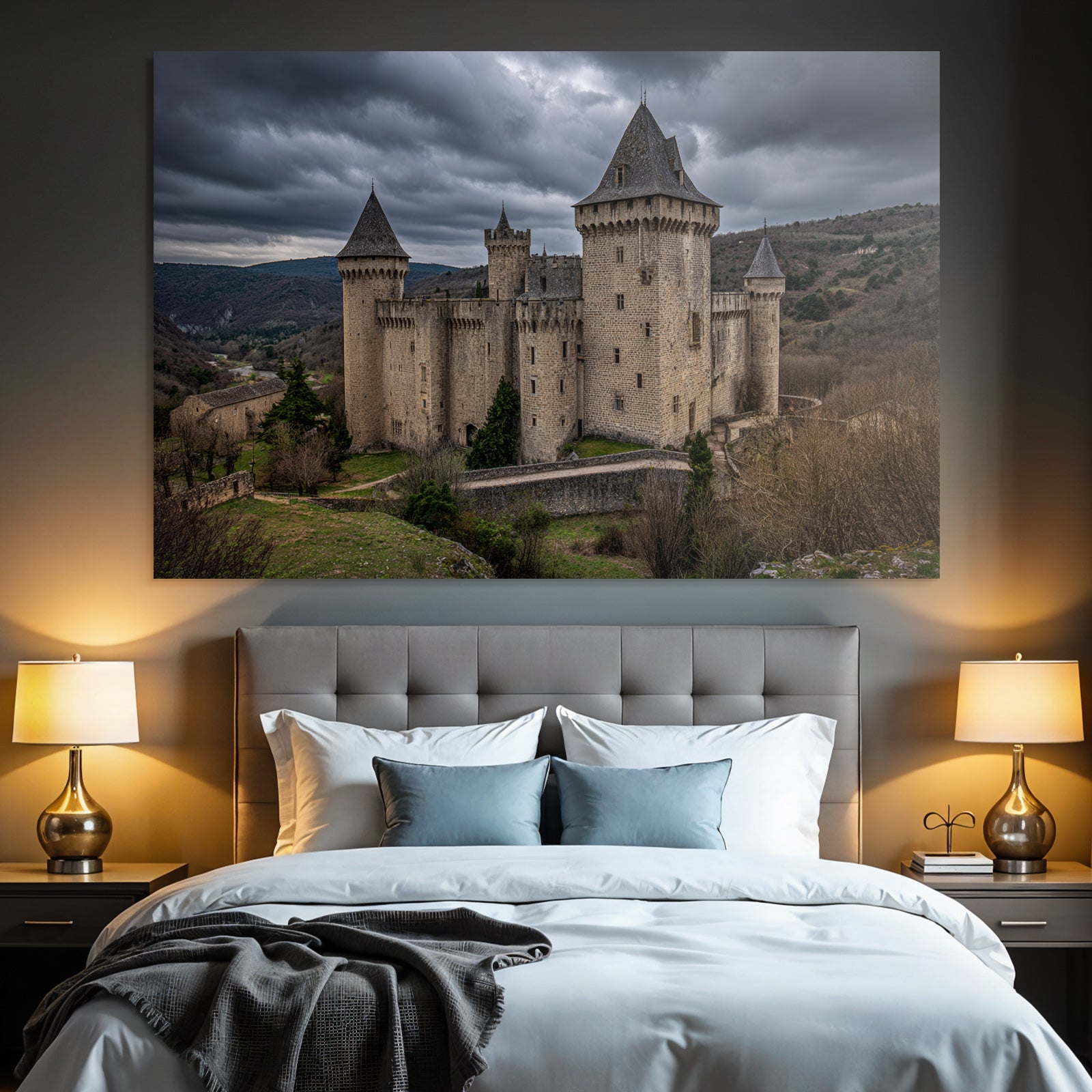 Castle in the mountains with trees under a cloudy sky