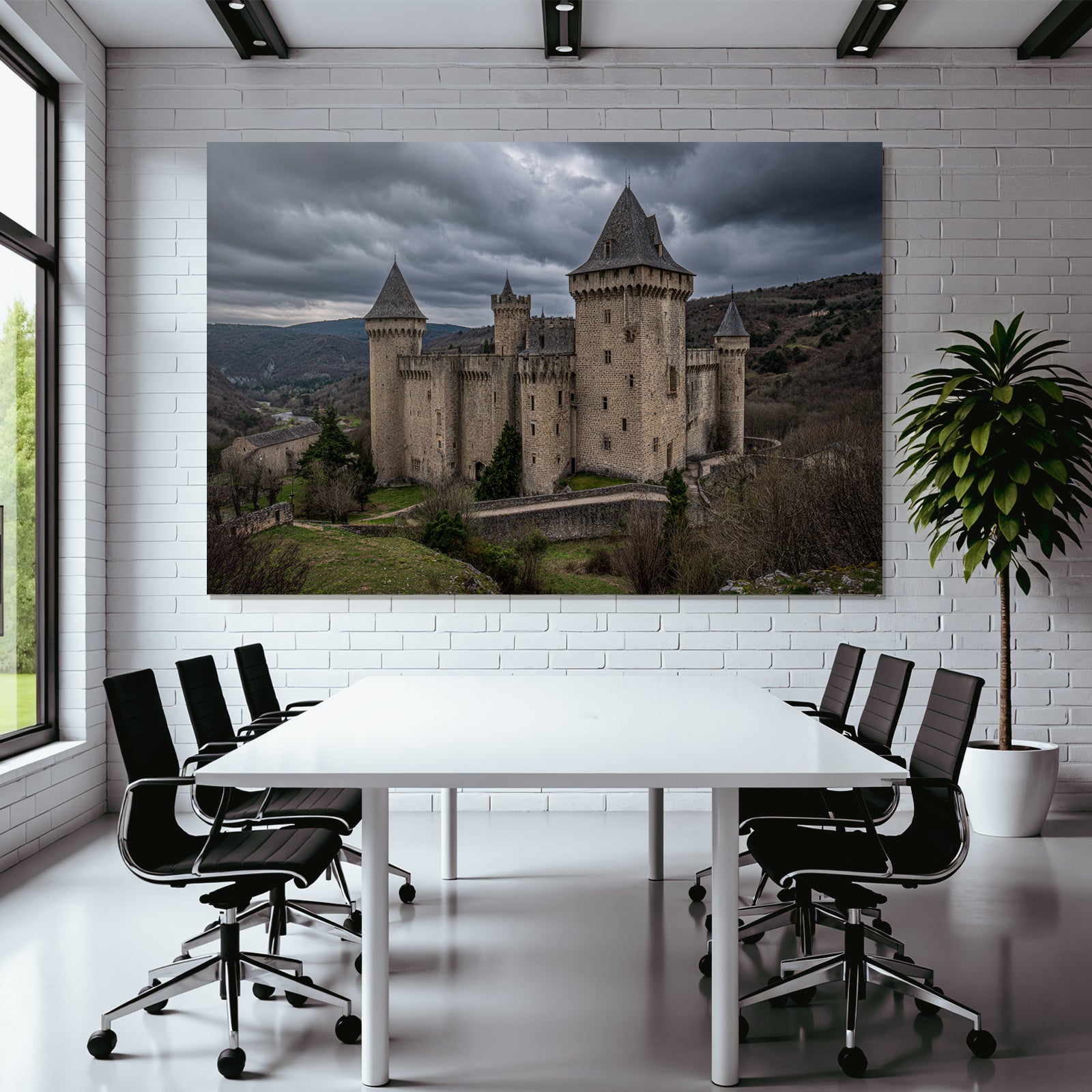 Castle in the mountains with trees under a cloudy sky