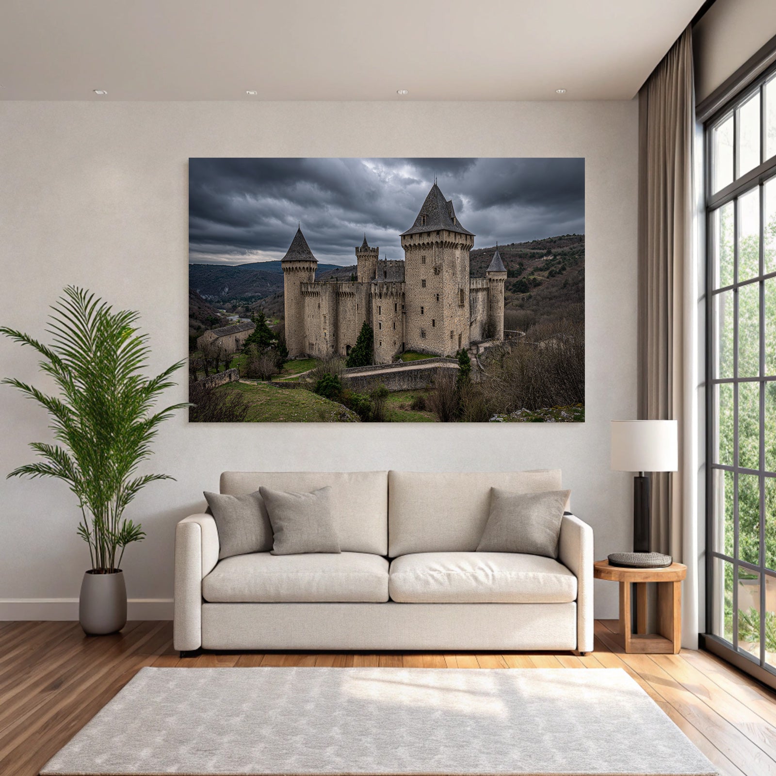Castle in the mountains with trees under a cloudy sky
