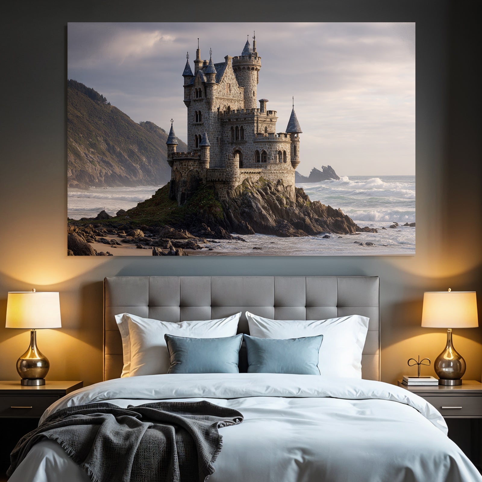 Stone Castle By The Sea With Towers Green Hills Under Cloudy Sky