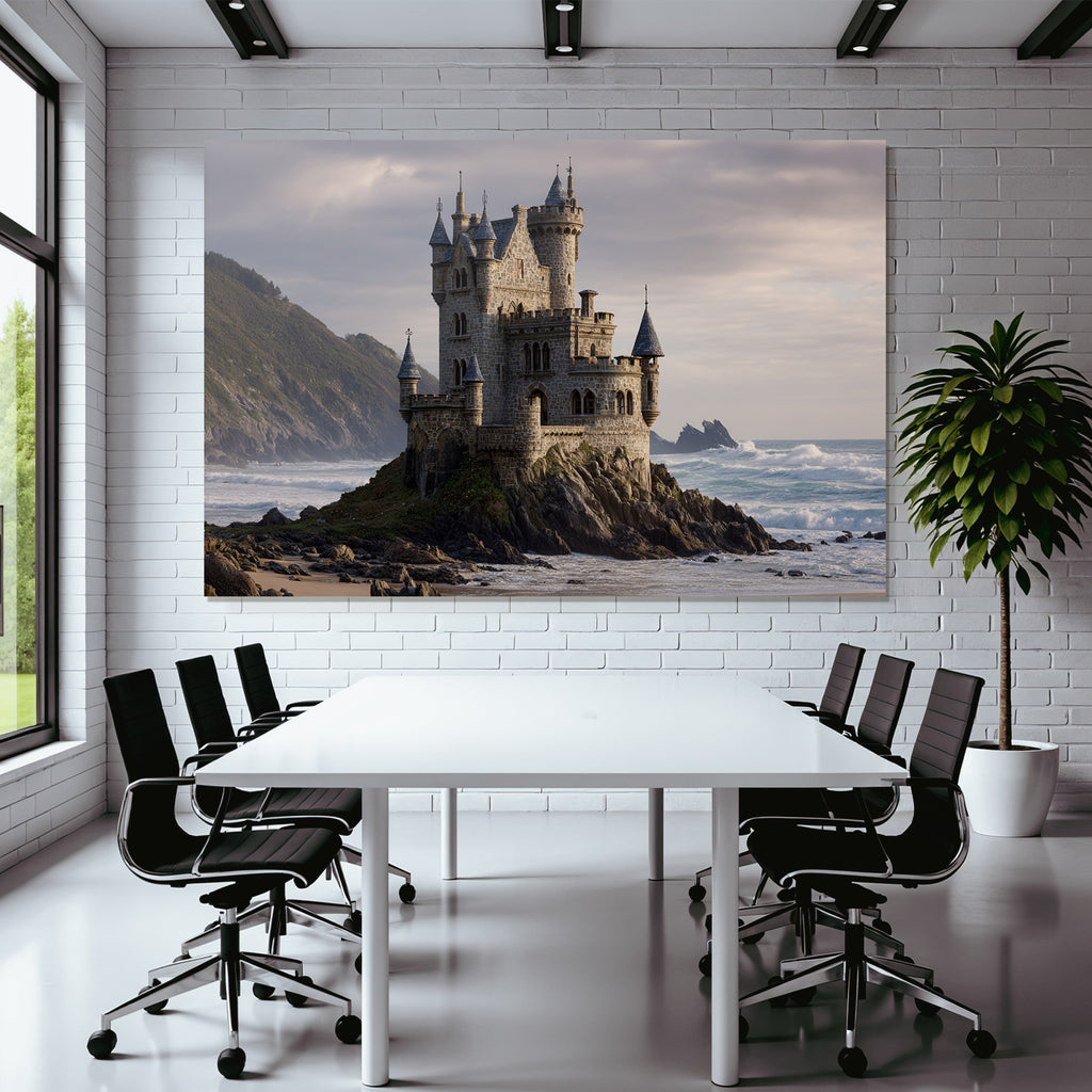Stone Castle By The Sea With Towers Green Hills Under Cloudy Sky