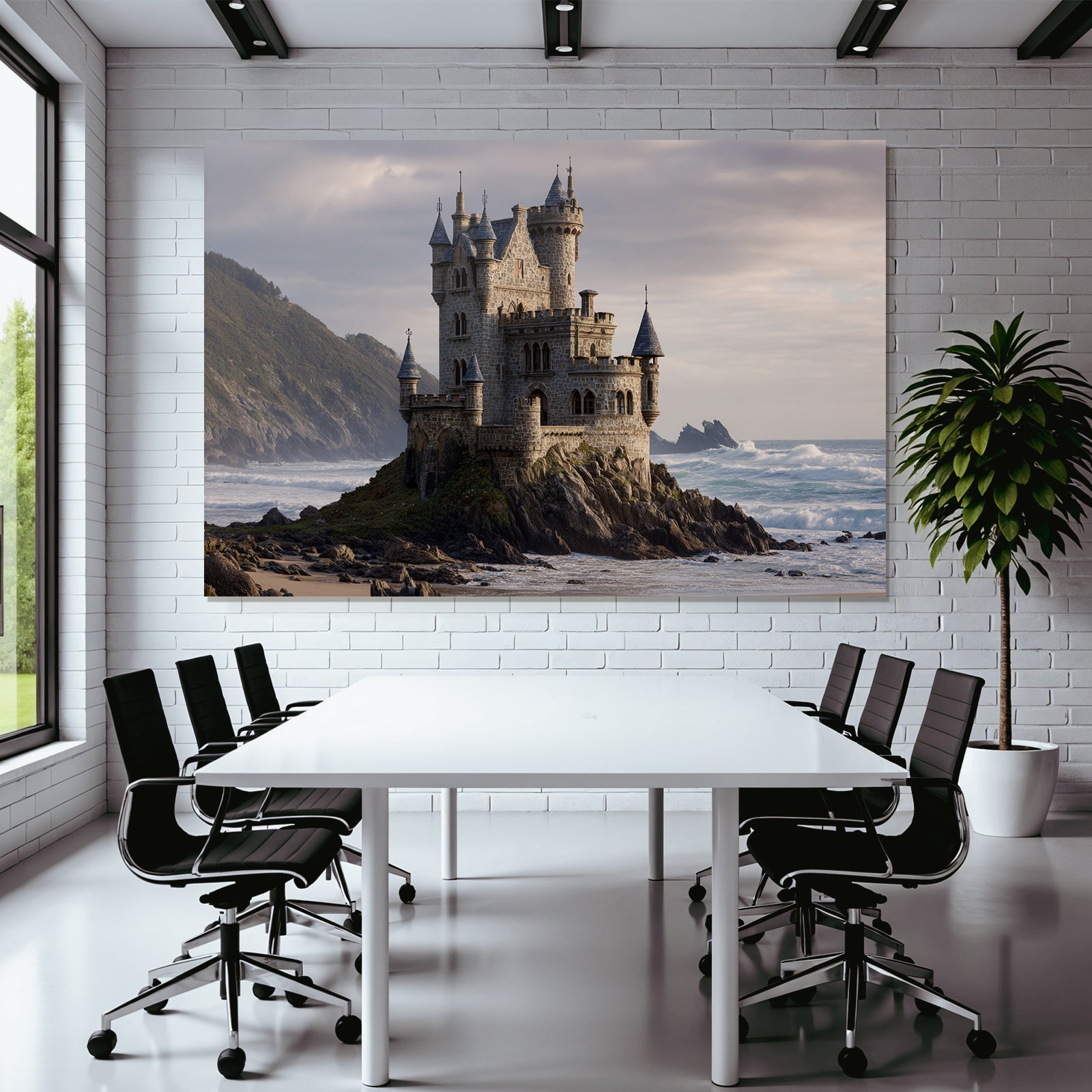 Stone Castle By The Sea With Towers Green Hills Under Cloudy Sky