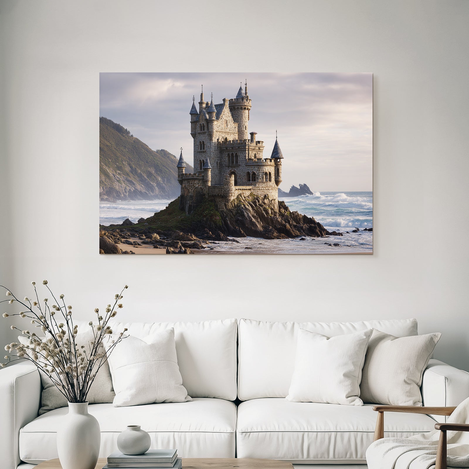 Stone Castle By The Sea With Towers Green Hills Under Cloudy Sky