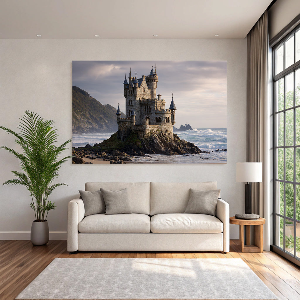 Stone Castle By The Sea With Towers Green Hills Under Cloudy Sky