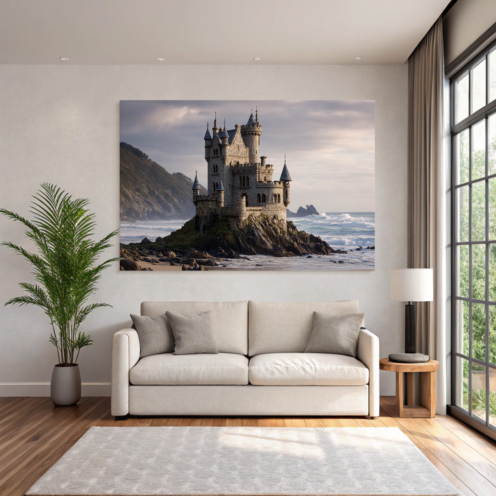 Stone Castle By The Sea With Towers Green Hills Under Cloudy Sky