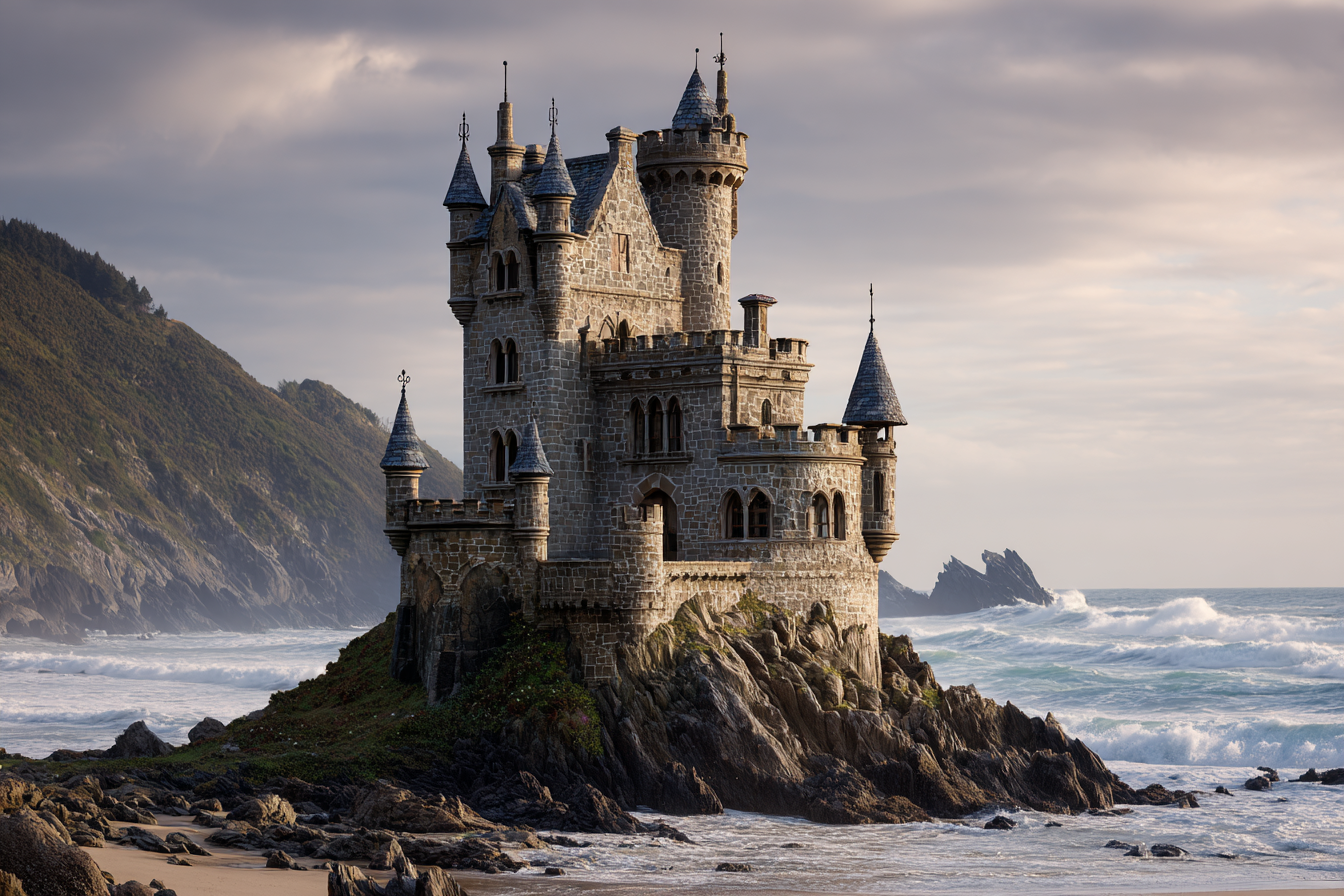 Steinburg Am Meer Mit Türme Grüne Hügel Unter Bewolkt Himmel | Scloesser und Burgen | Architektur