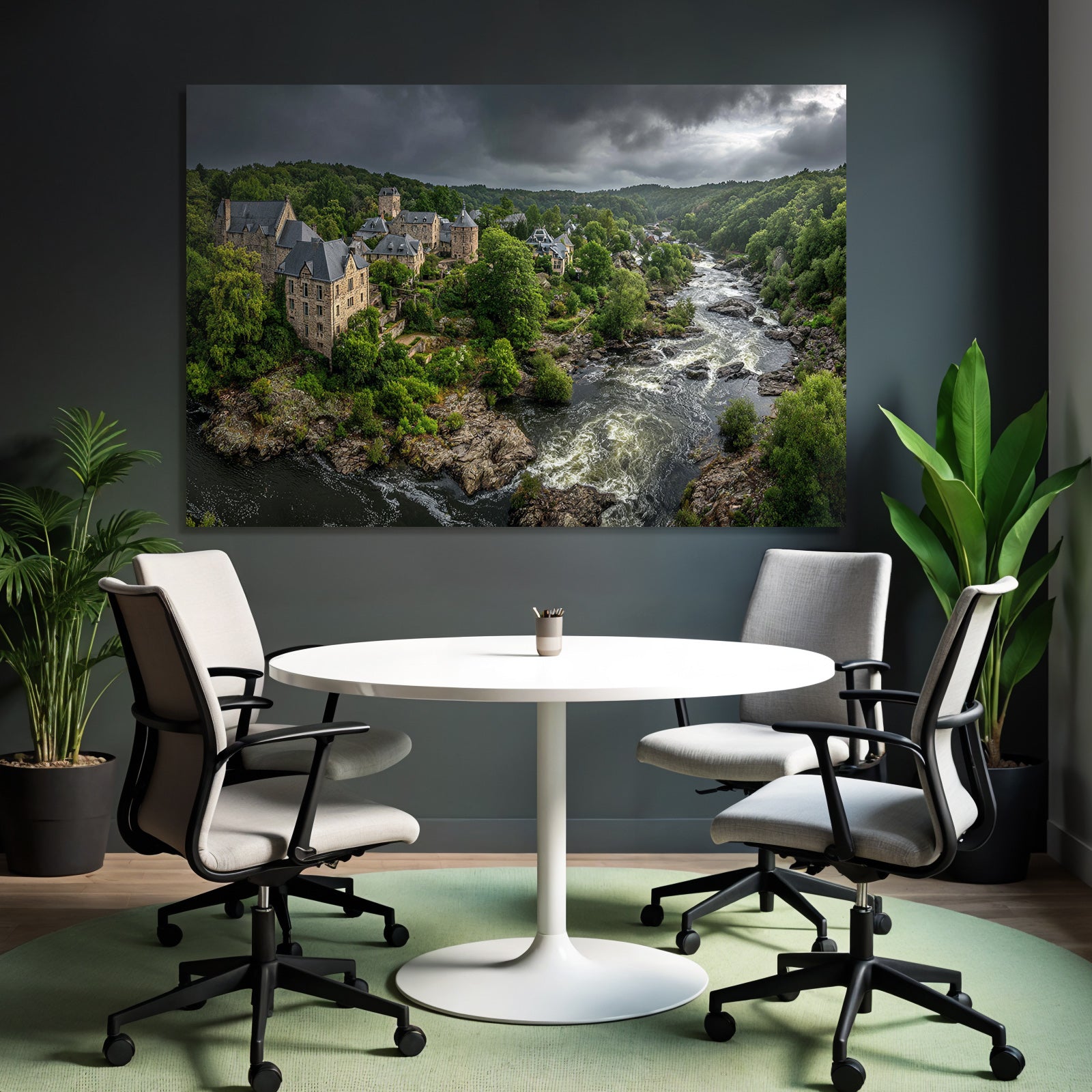 Stone castle in nature by the river with green background