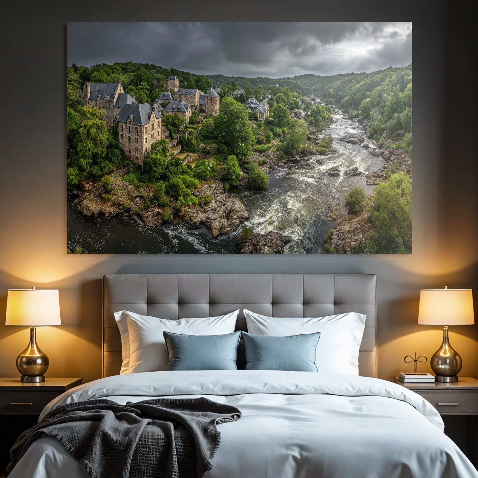 Stone castle in nature by the river with green background