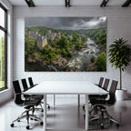 Stone castle in nature by the river with green background