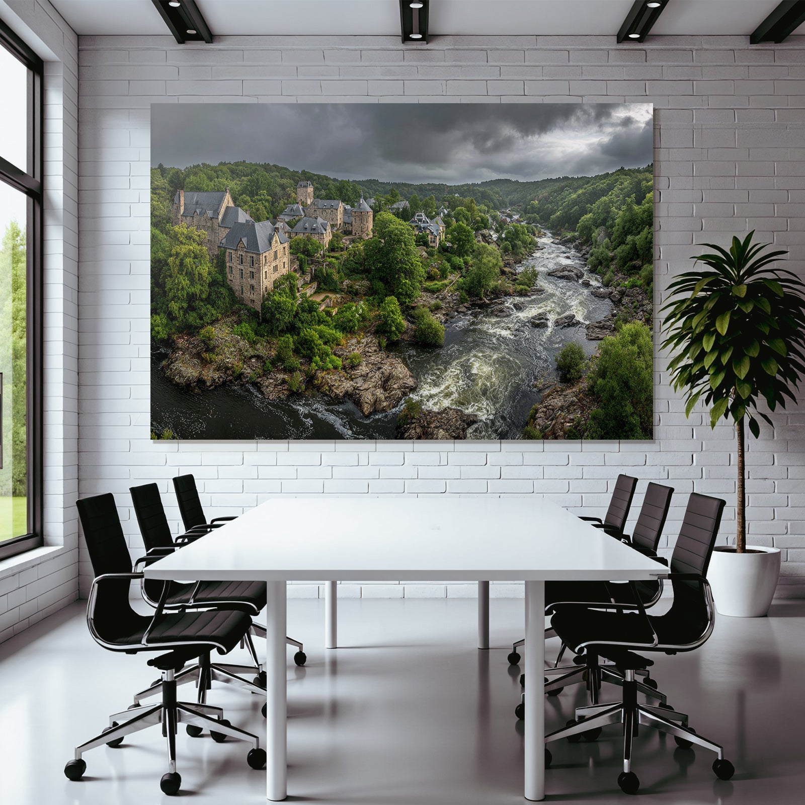 Stone castle in nature by the river with green background
