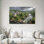 Stone castle in nature by the river with green background