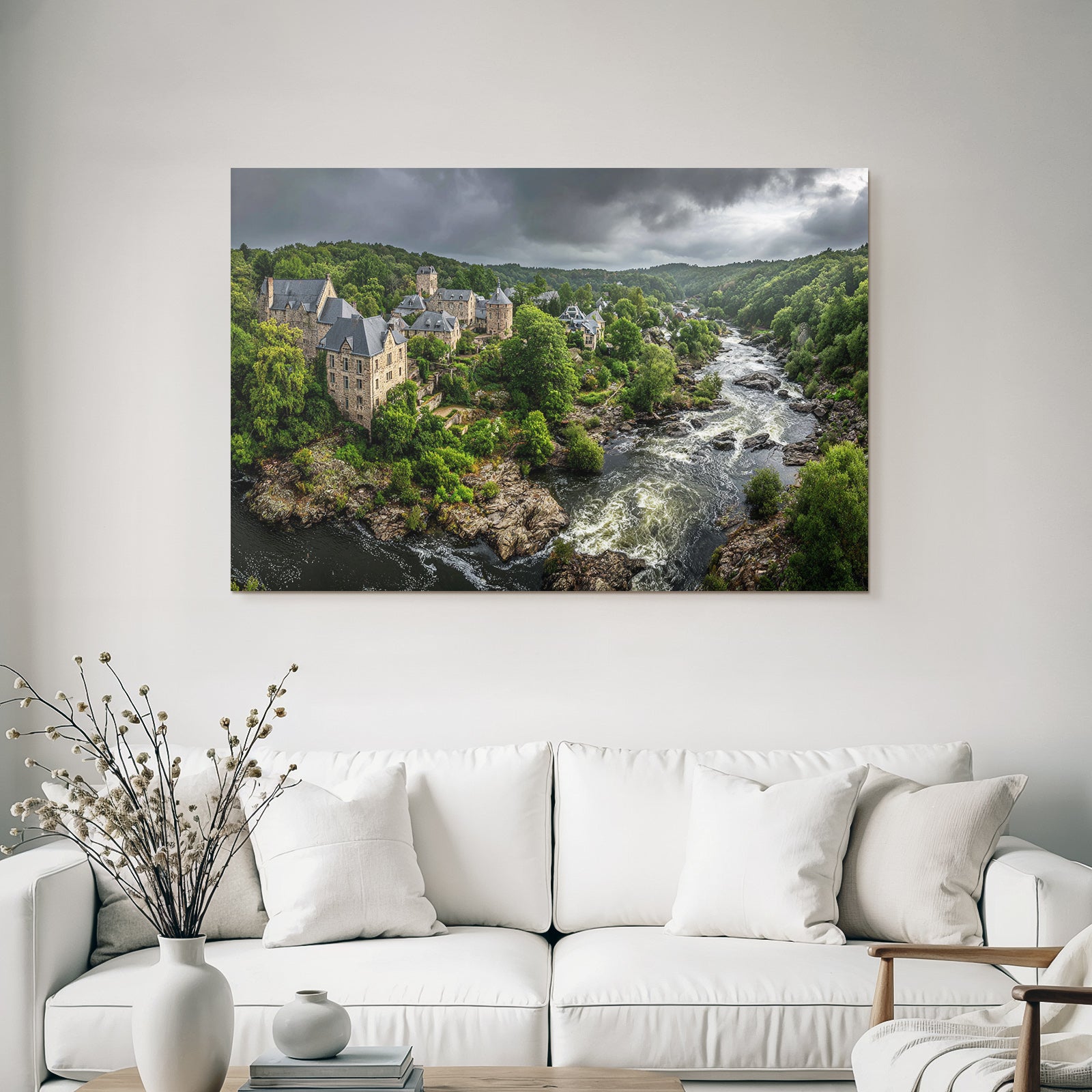 Stone castle in nature by the river with green background