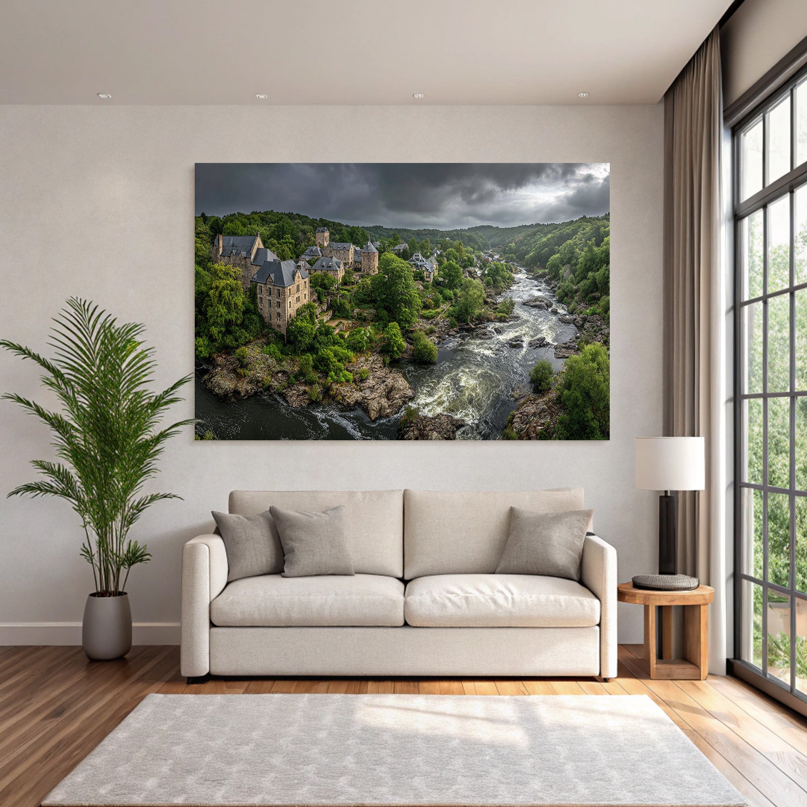 Stone castle in nature by the river with green background