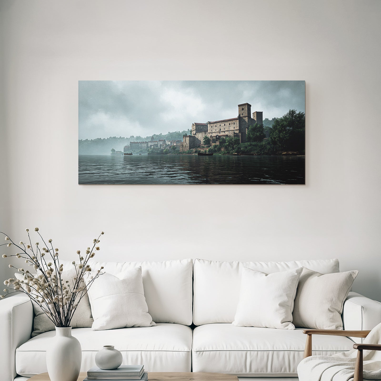 Stone castle and tranquility in landscape with boats and tree in background