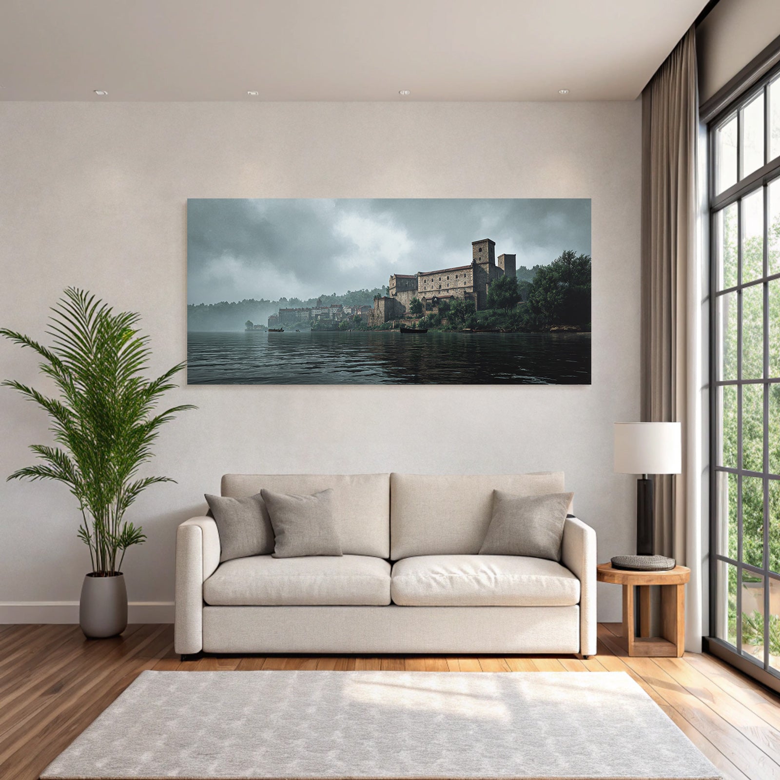 Stone castle and tranquility in landscape with boats and tree in background