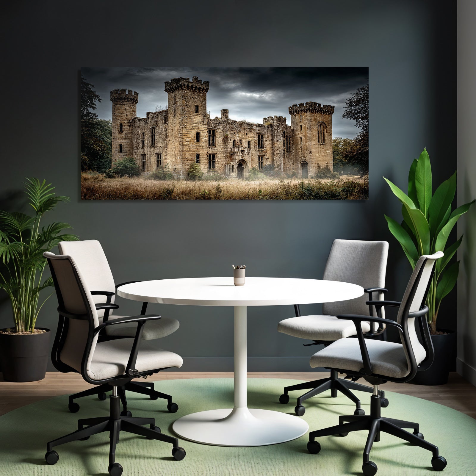 Ruined Stone Castle With Towers And Dramatic Sky