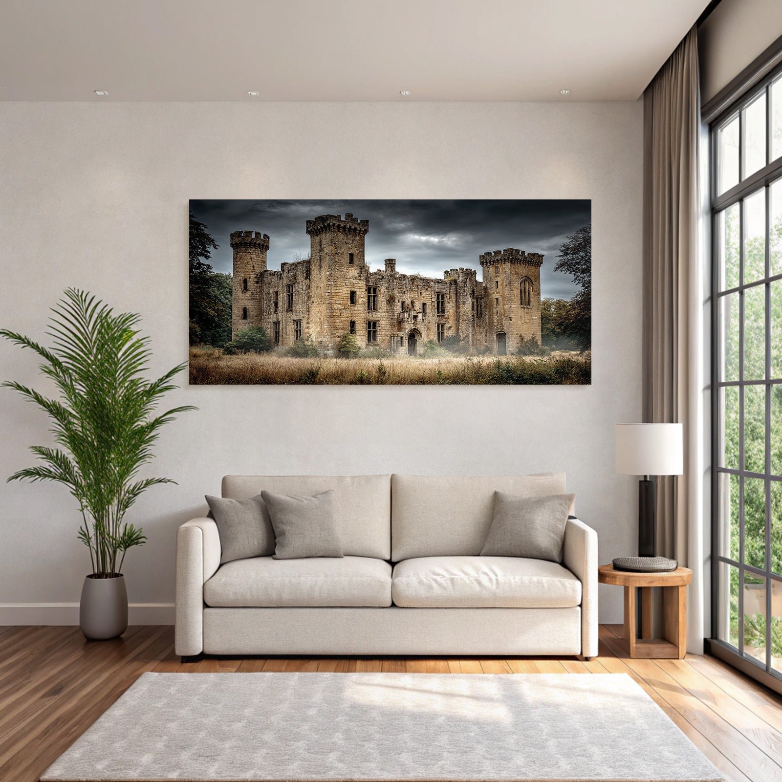Ruined Stone Castle With Towers And Dramatic Sky