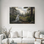 White animal on stone area with nature background