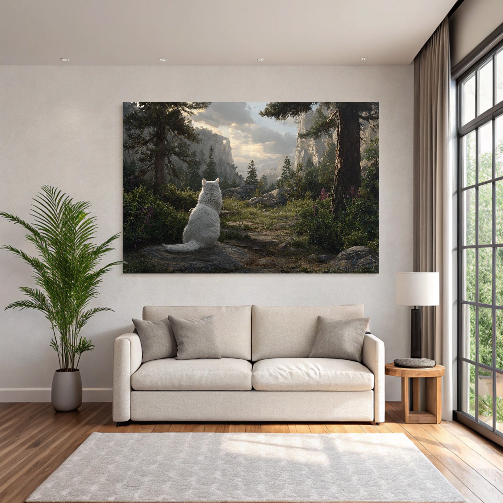 White animal on stone area with nature background