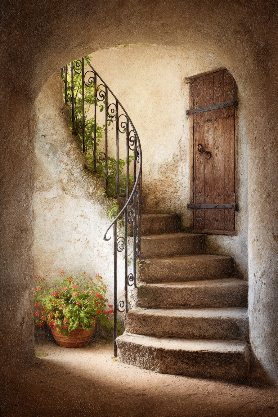 Gemütliche Innenansicht Schwingende Steintreppe Mit Eisen Geländer Pflanze Blumen | Tueren Treppen und Tore | Architektur